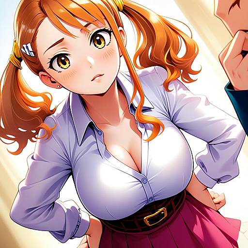 Anime Girl with Orange Twin-Tailed Hair in White Blouse and Maroon Skirt