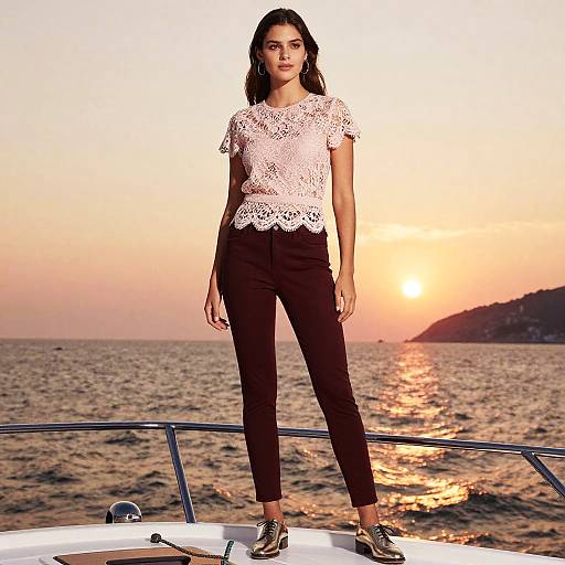 Woman in Casual Chic Outfit with Pale Pink Lace Top by the Sea at Sunset