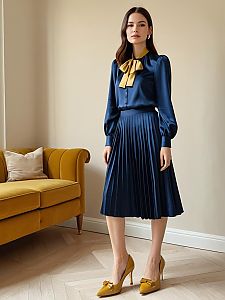 Elegant Woman in Navy Satin Blouse and Pleated Skirt with Mustard Accents