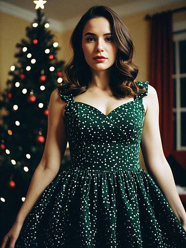 Woman in Festive Green Christmas Dress with Star Pattern in Cinematic Realism