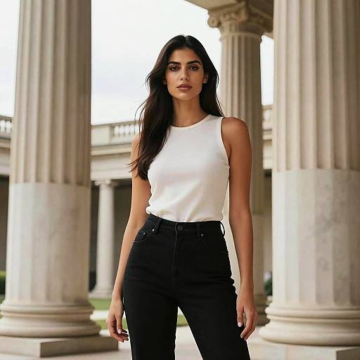 Confident Woman in Minimalist Fashion with Classical Columns Background