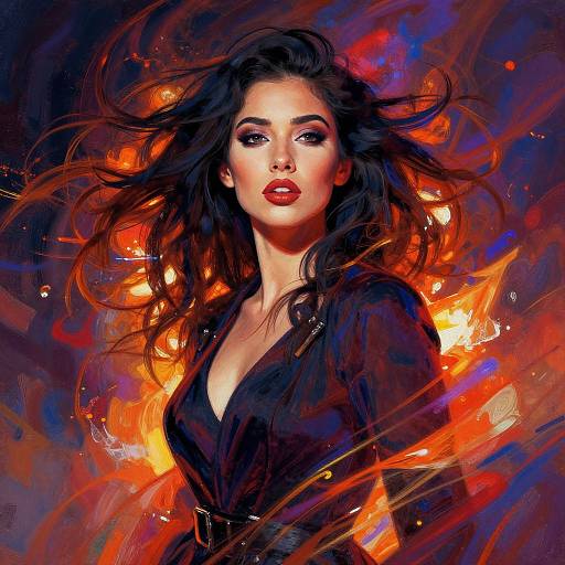 Digital Portrait of Woman with Flowing Hair in Vivid Abstract Background