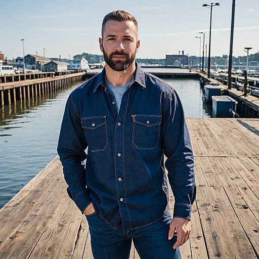 Confident Man in Denim Jacket Standing on Wooden Pier by Waterfront