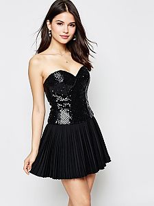 Woman in Contemporary Black Strapless Sequined Party Dress