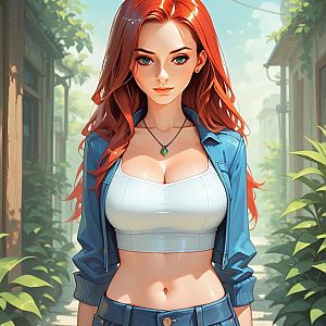 Young Woman with Red Hair in Leafy Alley
