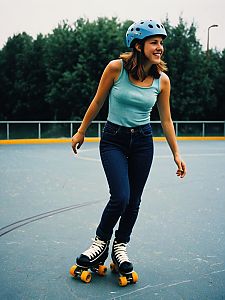 Young Woman in Casual Roller Skating Outfit with Blue Helmet