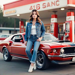 Stylish Woman with Classic Red Muscle Car at Retro Gas Station