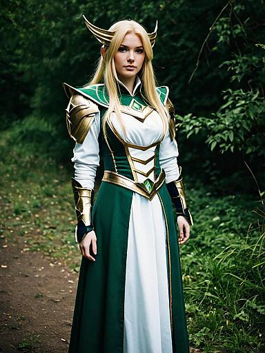 Allusia Versus Fantasy Warrior Woman in Green and Gold Armor Cosplay
