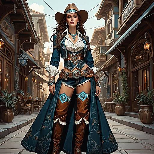 Fantasy Western Woman in Detailed Steampunk Cowboy Outfit on Rustic Street