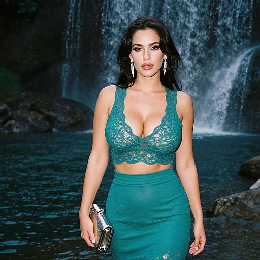 Teal Lace Outfit Woman by Waterfall with Silver Clutch