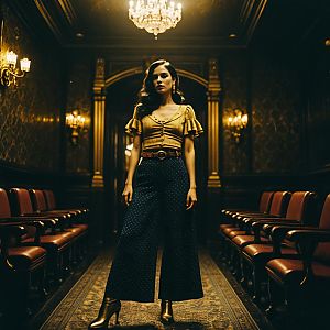 Stylish Woman in Vintage Hallway with Warm Golden Lighting