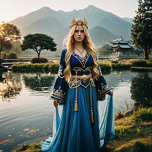 Elegant Woman in Blue Medieval Gown by Serene Pond