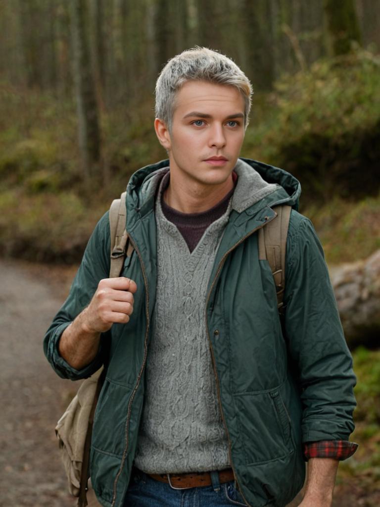 Young man with gray hair in a green jacket on a forest trail