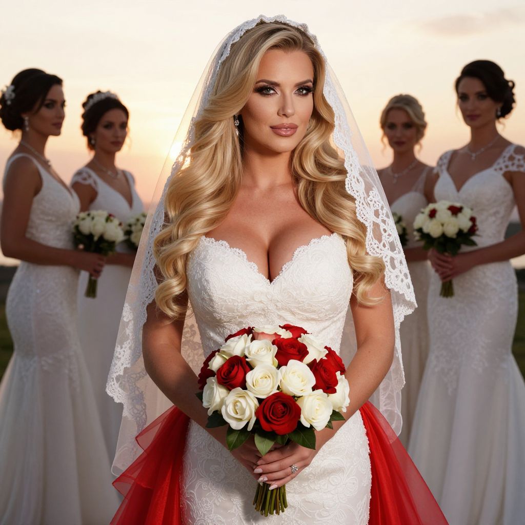 Elegant Bride and Bridesmaids in White Lace Dresses Holding Rose Bouquets at Sunset