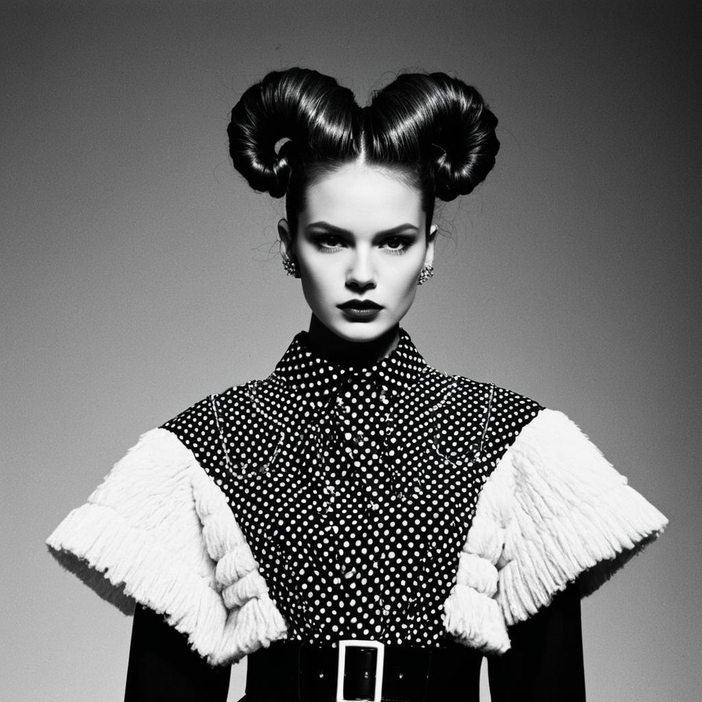 Avant-Garde Fashion Portrait with Polka Dot Blouse and Unique Hairstyle