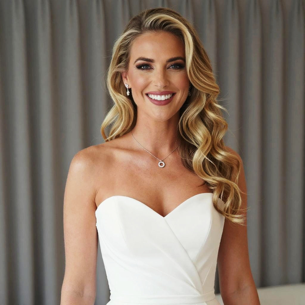 Elegant Woman in White Strapless Dress with Wavy Blonde Hair
