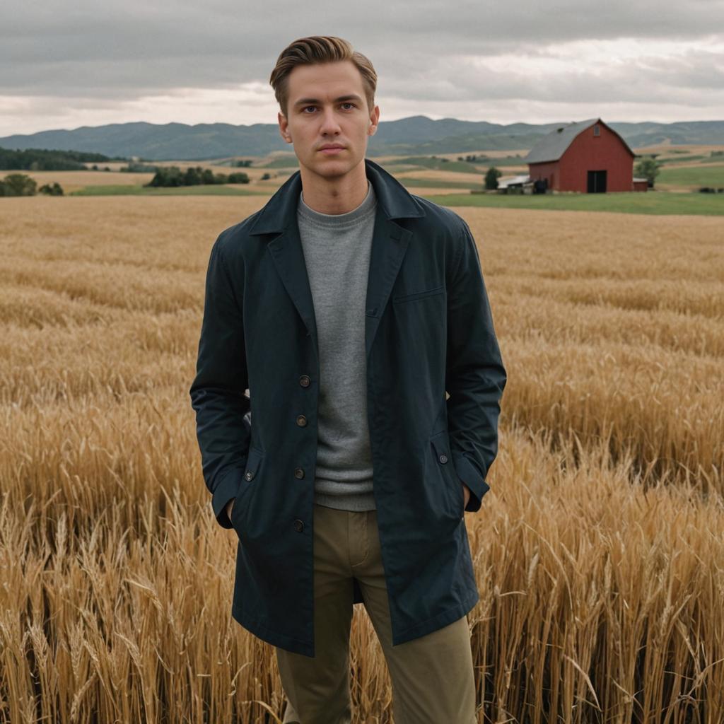 Confident Man in Wheat Field with Dramatic Sky