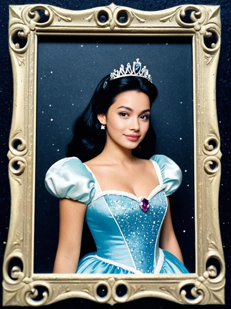 Elegant Disney Princess Styled Woman in Blue Gown with Tiara Inside Decorative Frame