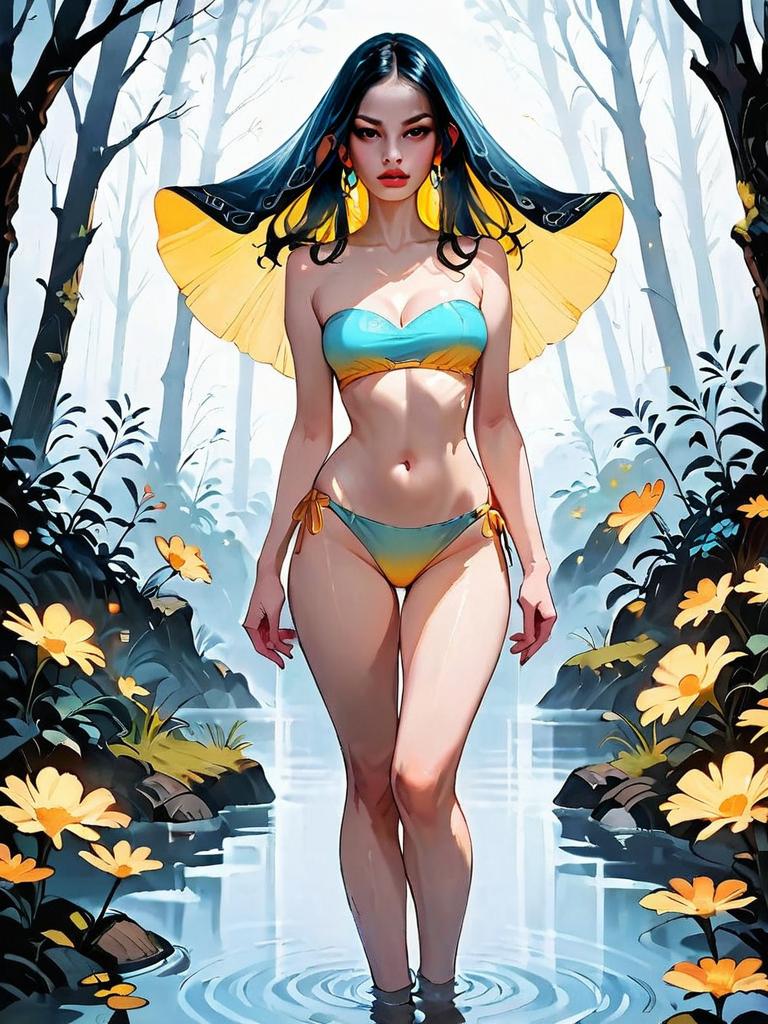 Dark Fantasy Woman in Blue Yellow Bikini Standing in Enchanted Forest Stream