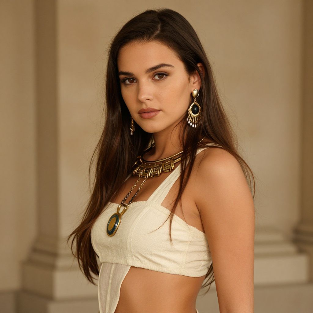 Elegant Woman Wearing Cream Crop Top with Statement Jewelry