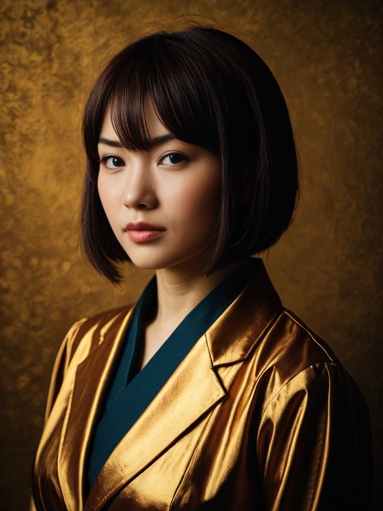 Realistic Ritsuko Akagi Cosplay Woman in Shiny Gold Jacket Portrait