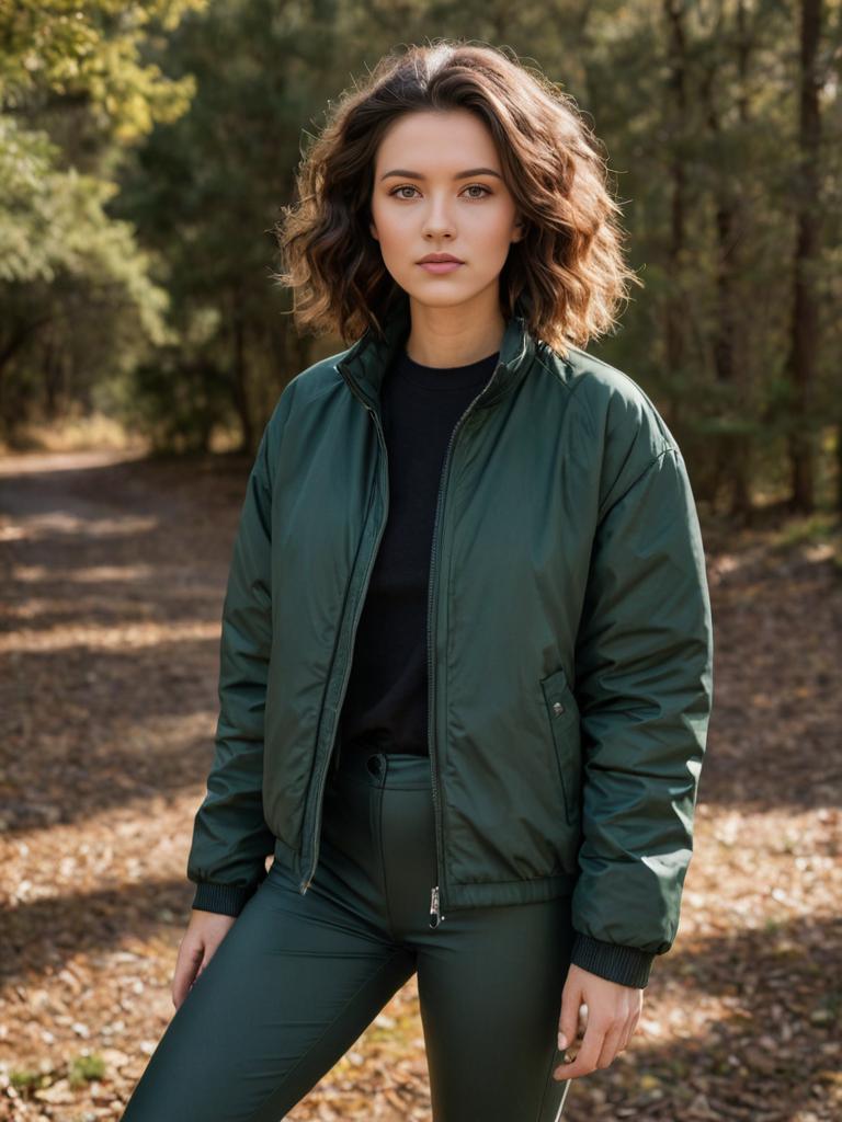 Confident Woman in Stylish Green Outfit in Forest