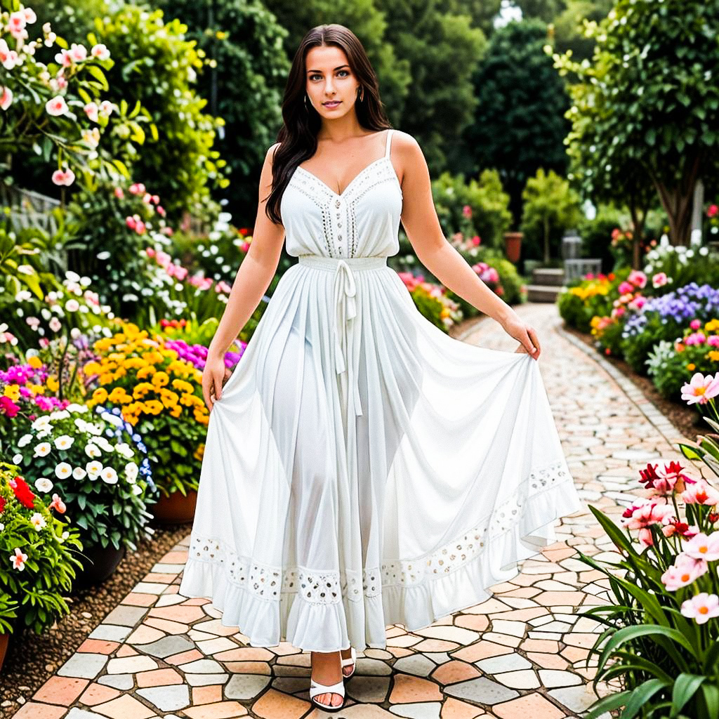 Woman in White Sundress in Vibrant Garden Woman in White Sundress in Vibrant Garden