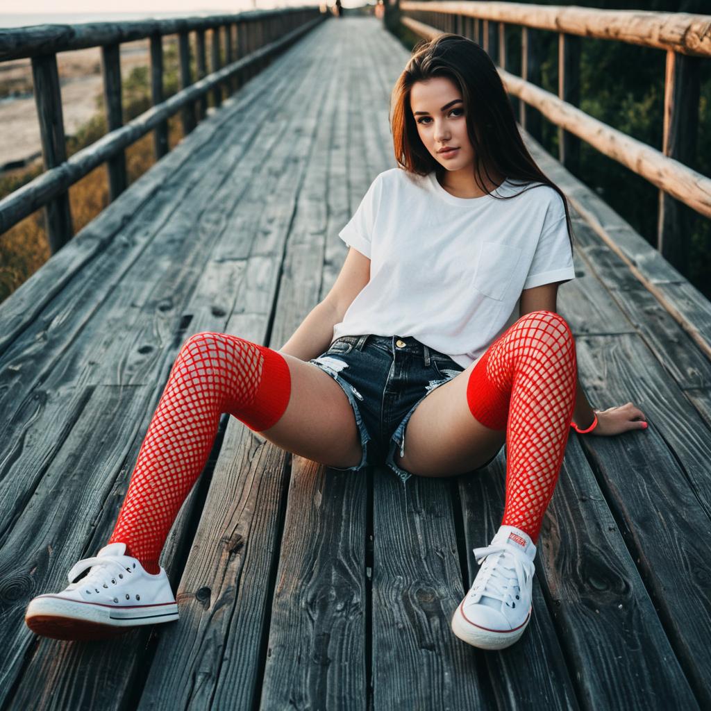 Young Woman in Casual White T-Shirt and Red Fishnet Stockings Sitting on Wooden Boardwalk