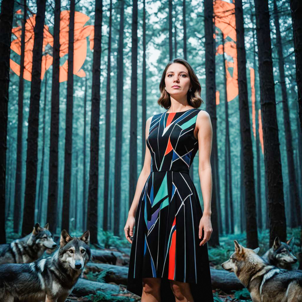 Confident Woman in Mystical Forest with Wolves