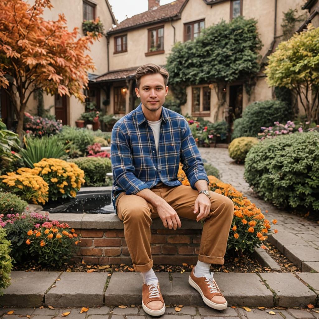 Stylish Man in Blue Plaid Shirt and Mustard Pants in Charming Courtyard