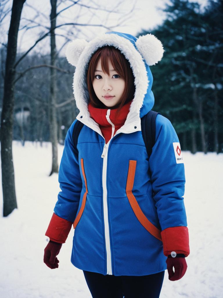 Young Woman Wearing Blue Winter Coat with Bear Ears Hood in Snowy Forest