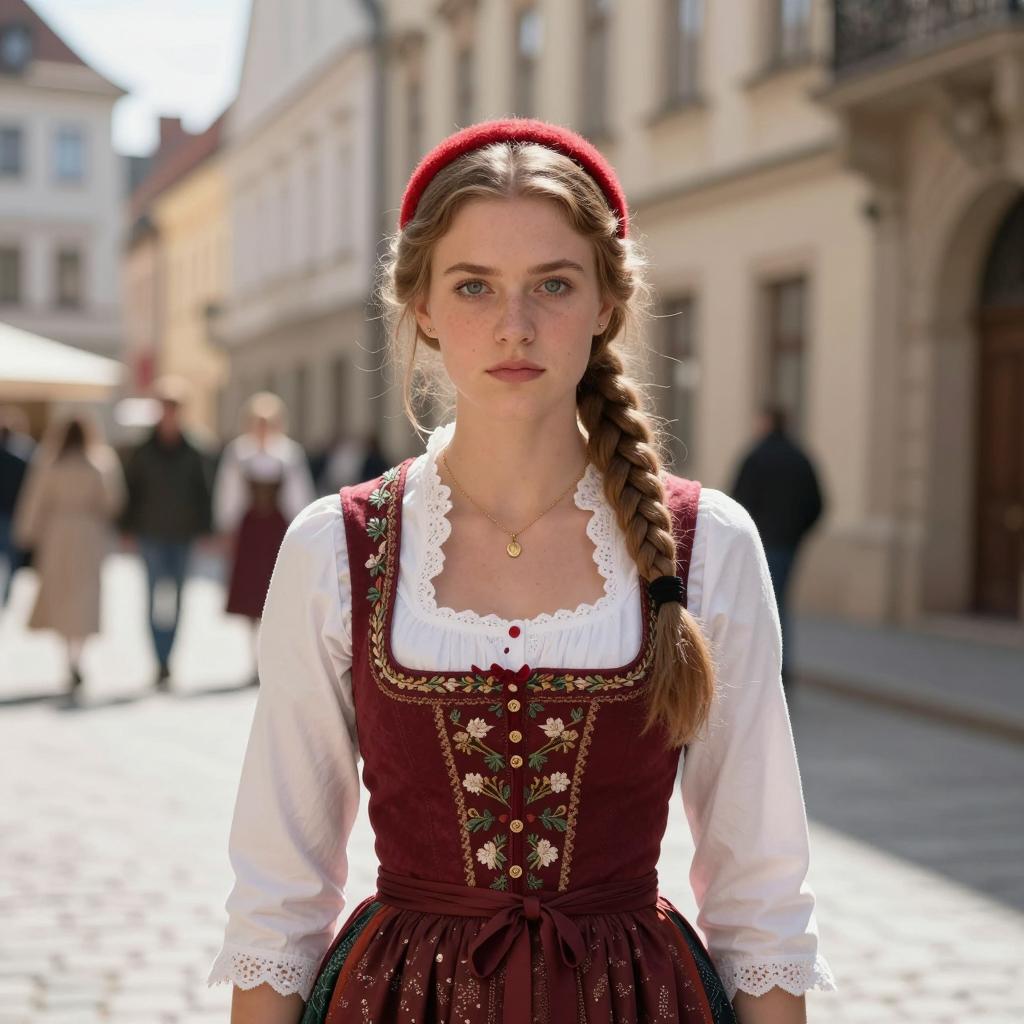 Young Woman in Traditional Bavarian Dirndl on Historic European Street