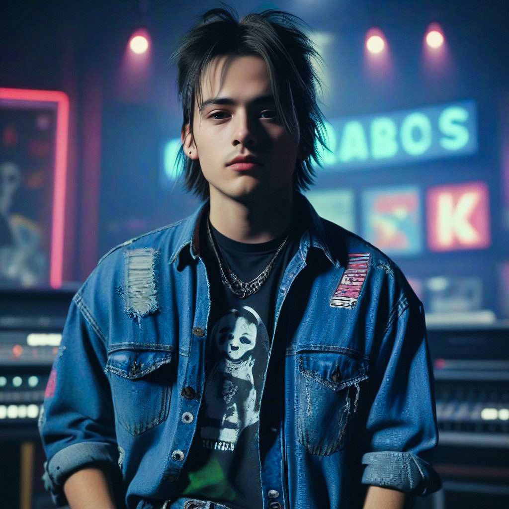 Young man in denim jacket with piercing gaze in neon-lit setting