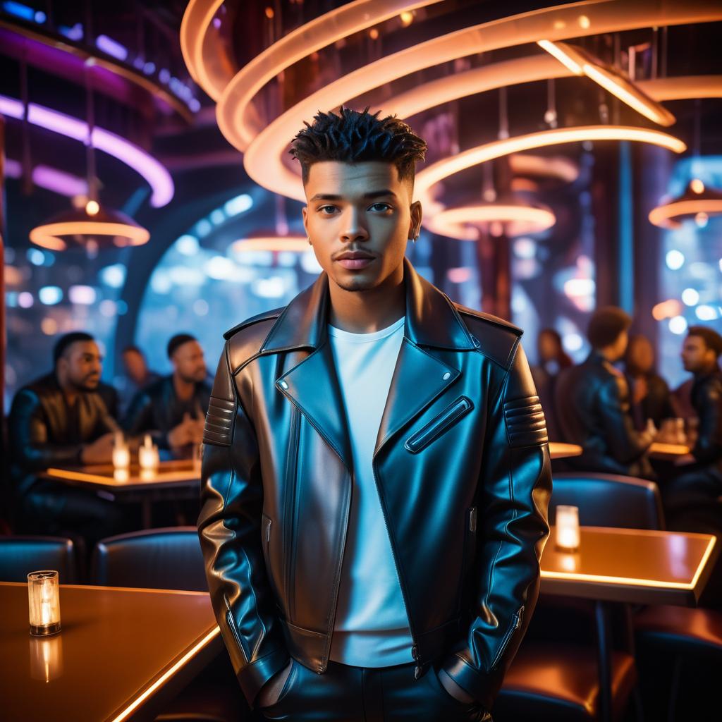 Confident Young Man in Leather Jacket at Neon Lounge