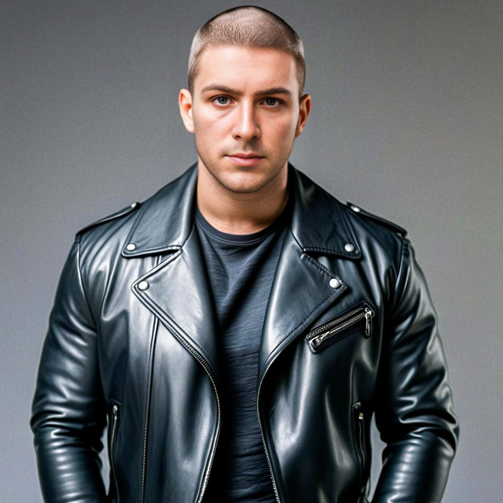 Confident Man in Black Leather Jacket