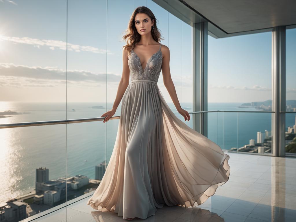 Elegant Woman in Evening Gown with Coastal City Skyline