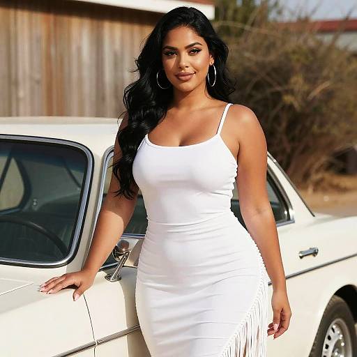 Confident Woman in White Dress Posing by Vintage Car