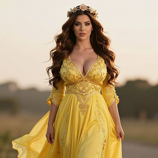 Confident Woman in Ornate Yellow Dress with Floral Crown Outdoors