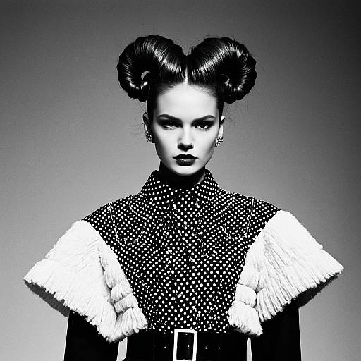 Avant-Garde Fashion Portrait with Polka Dot Blouse and Unique Hairstyle