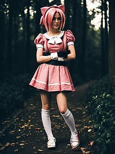 Realistic Amy Rose Cosplay Woman in Pink Dress Outdoors