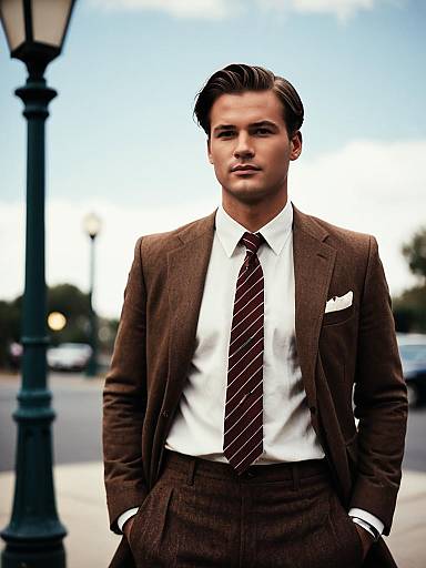 Vintage Great Gatsby Style Man in Brown Suit with Striped Necktie
