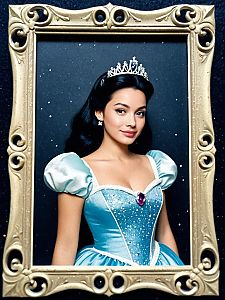 Elegant Disney Princess Styled Woman in Blue Gown with Tiara Inside Decorative Frame