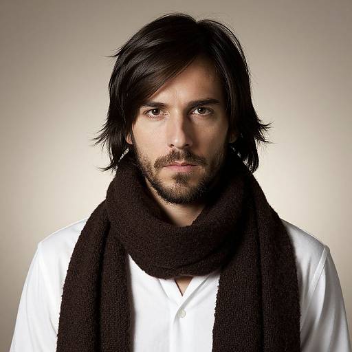 Portrait of man with dark hair wearing brown scarf and white shirt