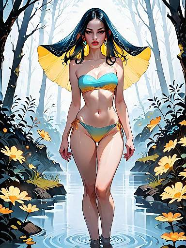 Dark Fantasy Woman in Blue Yellow Bikini Standing in Enchanted Forest Stream