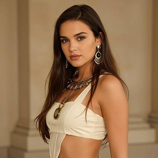 Elegant Woman Wearing Cream Crop Top with Statement Jewelry