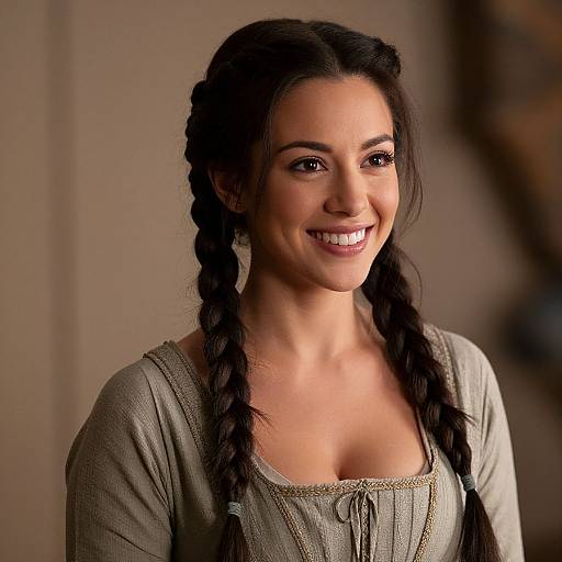 Smiling Woman with Braided Hair in Rustic Medieval Dress