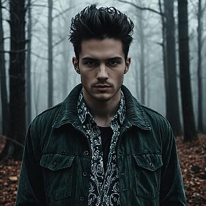 Young Man in Misty Autumn Forest with Stylish Fashion