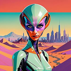 Futuristic Woman in Colorful Armor against Desert Landscape