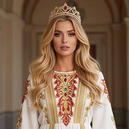 Regal Woman in Embroidered White Gown with Crown