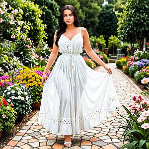 Woman in White Sundress in Vibrant Garden